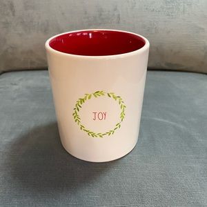 NWOT vintage Rae Dunn Christmas Joy in Wreath canister. Red interior. Almost 5”H